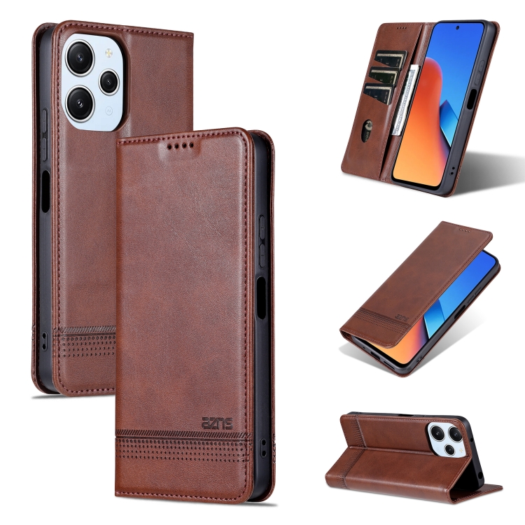 

For Xiaomi Redmi 12 4G AZNS Magnetic Calf Texture Flip Leather Phone Case(Dark Brown)