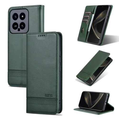 

For Xiaomi 14 AZNS Magnetic Calf Texture Flip Leather Phone Case(Dark Green)