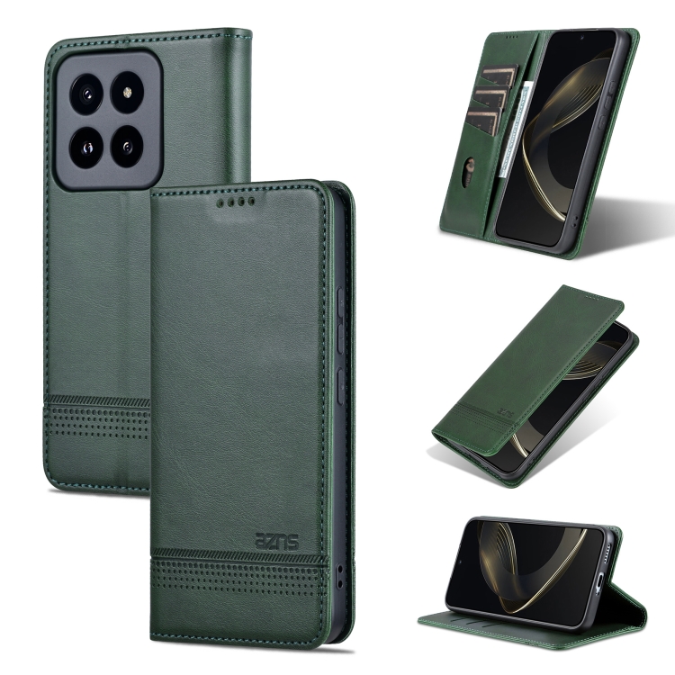 

For Xiaomi 14 Pro AZNS Magnetic Calf Texture Flip Leather Phone Case(Dark Green)