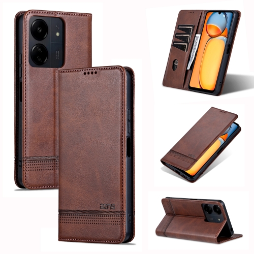 

For Xiaomi Redmi 13C / Poco C65 AZNS Magnetic Calf Texture Flip Leather Phone Case(Dark Brown)