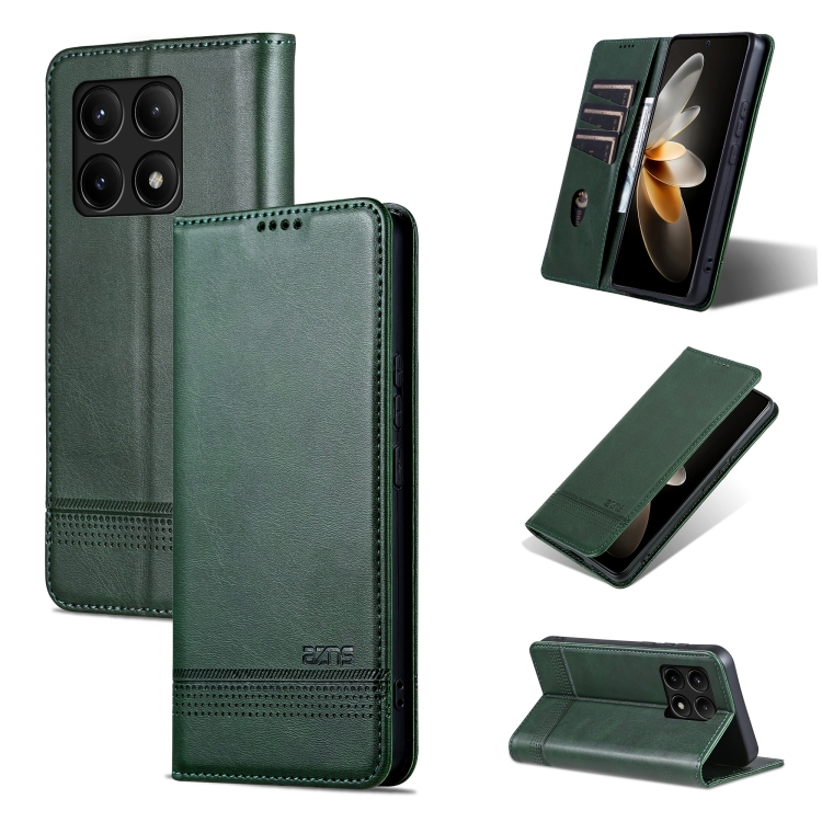 

For Xiaomi Redmi K70/K70 Pro AZNS Magnetic Calf Texture Flip Leather Phone Case(Dark Green)