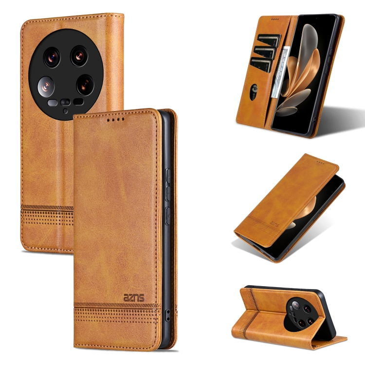 

For Xiaomi 14 Ultra AZNS Magnetic Calf Texture Flip Leather Phone Case(Light Brown)