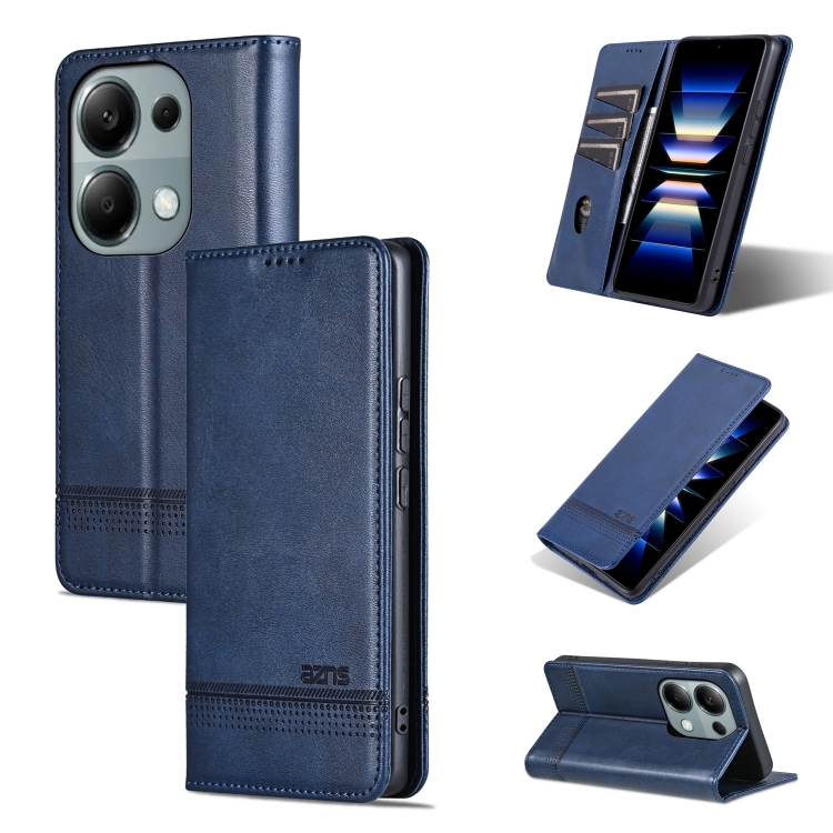 

For Xiaomi Redmi Note 13 Pro 4G AZNS Magnetic Calf Texture Flip Leather Phone Case(Dark Blue)
