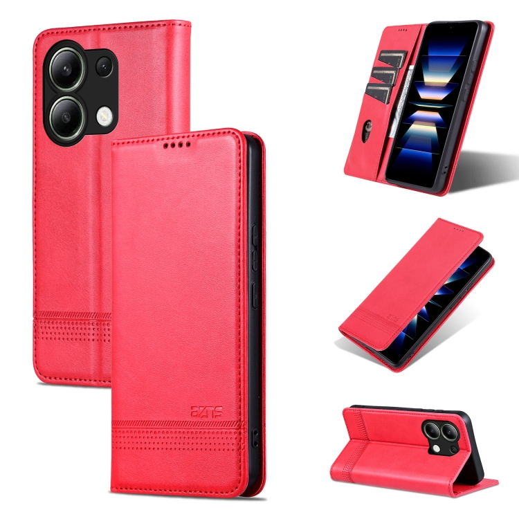 

For Xiaomi Redmi Note 13 4G AZNS Magnetic Calf Texture Flip Leather Phone Case(Red)