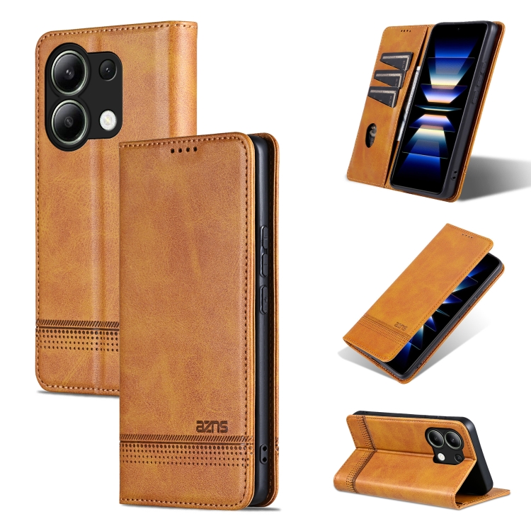 

For Xiaomi Redmi Note 13 4G AZNS Magnetic Calf Texture Flip Leather Phone Case(Light Brown)