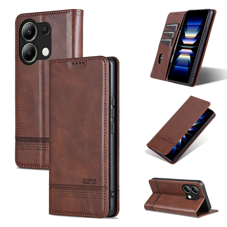 

For Xiaomi Redmi Note 13 4G AZNS Magnetic Calf Texture Flip Leather Phone Case(Dark Brown)