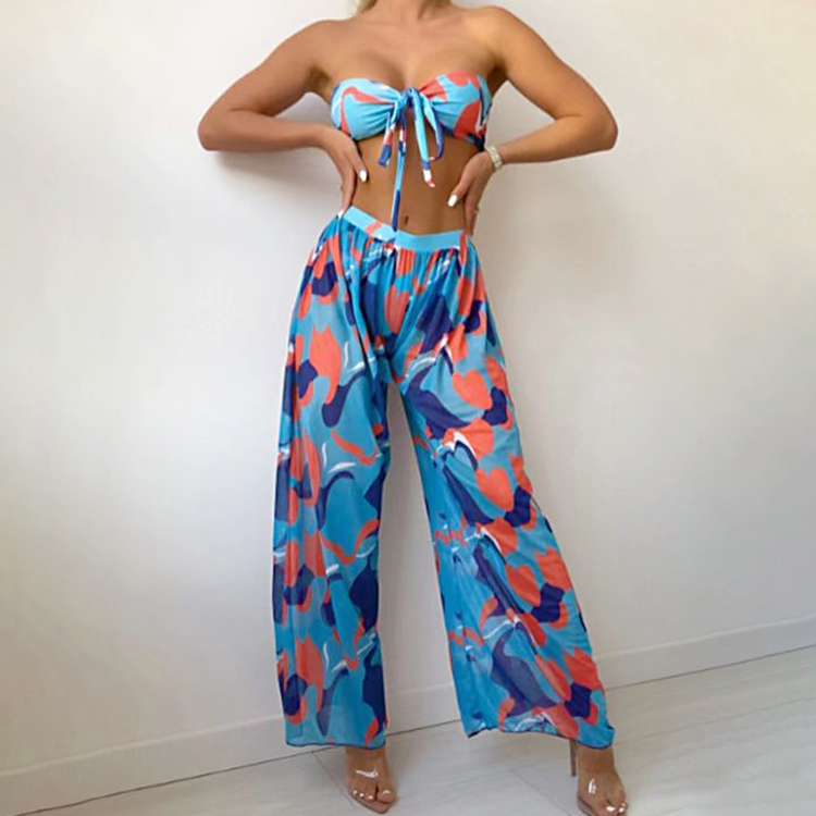 

Sexy Printed Two Piece Bikini Swimsuit + Pants, Size:S(Blue Orange)