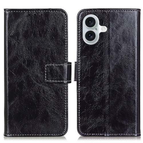 

For iPhone 16 Retro Crazy Horse Texture Horizontal Flip Leather Phone Case(Black)