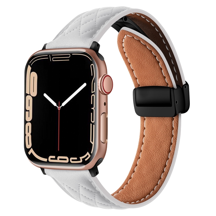 

For Apple Watch Ultra 49mm Folding Buckle Rhombus Leather Watch Band(White)