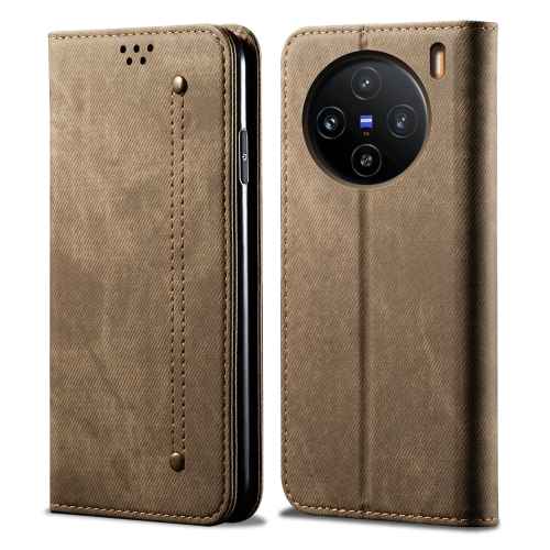 For vivo X100 Pro Denim Texture Flip Leather Phone Case(Khaki) for samsung galaxy tab a9 embossed smile flip smart leather tablet case khaki