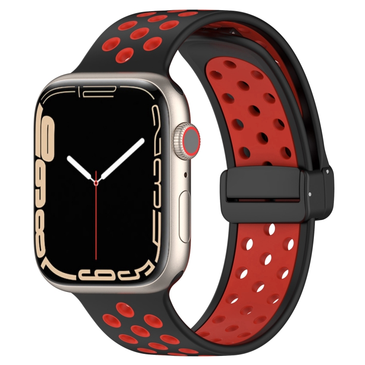 

For Apple Watch SE 2022 40mm Magnetic Buckle Silicone Watch Band(Black Red)