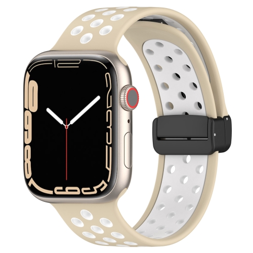 

For Apple Watch SE 2022 44mm Magnetic Buckle Silicone Watch Band(Khaki White)