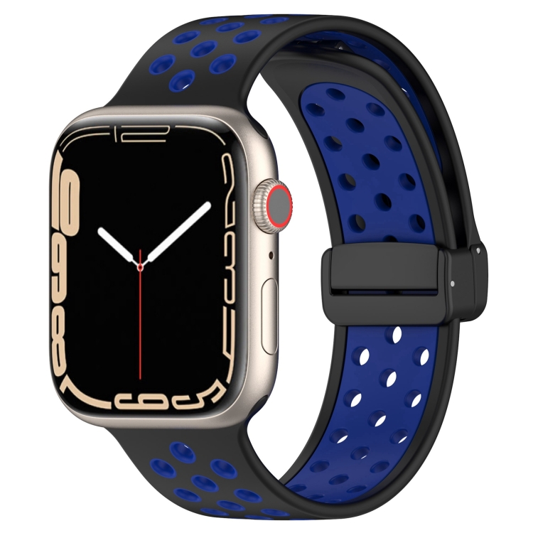 

For Apple Watch 7 41mm Magnetic Buckle Silicone Watch Band(Black Blue)