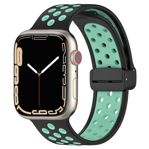 

For Apple Watch 7 45mm Magnetic Buckle Silicone Watch Band(Black Cyan)