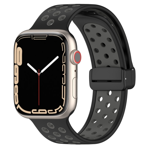 适用于Apple Watch 6 44mm 洞洞双色磁吸扣硅胶表带（黑