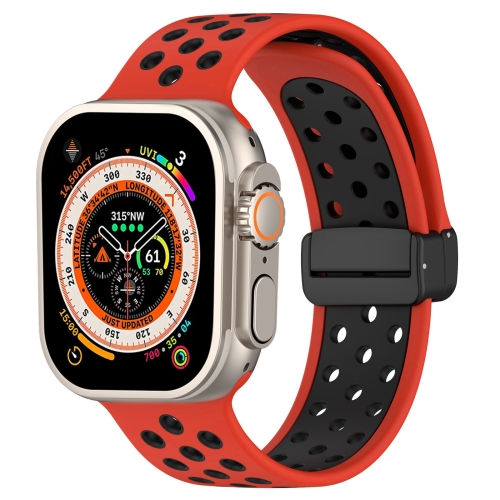 适用于Apple Watch Ultra 2 49mm 洞洞双色磁吸扣硅胶表带（红黑）