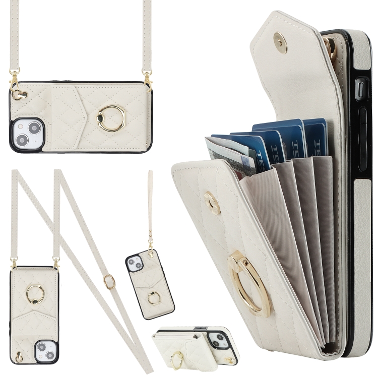 

For iPhone 14 Plus Rhombic Texture Card Bag Phone Case with Long Lanyard(White)