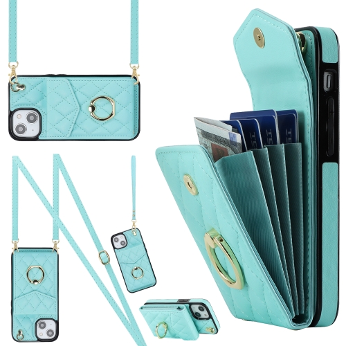 

For iPhone 14 Plus Rhombic Texture Card Bag Phone Case with Long Lanyard(Mint Green)