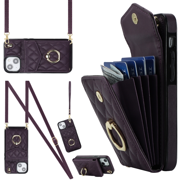

For iPhone 14 Plus Rhombic Texture Card Bag Phone Case with Long Lanyard(Dark Purple)