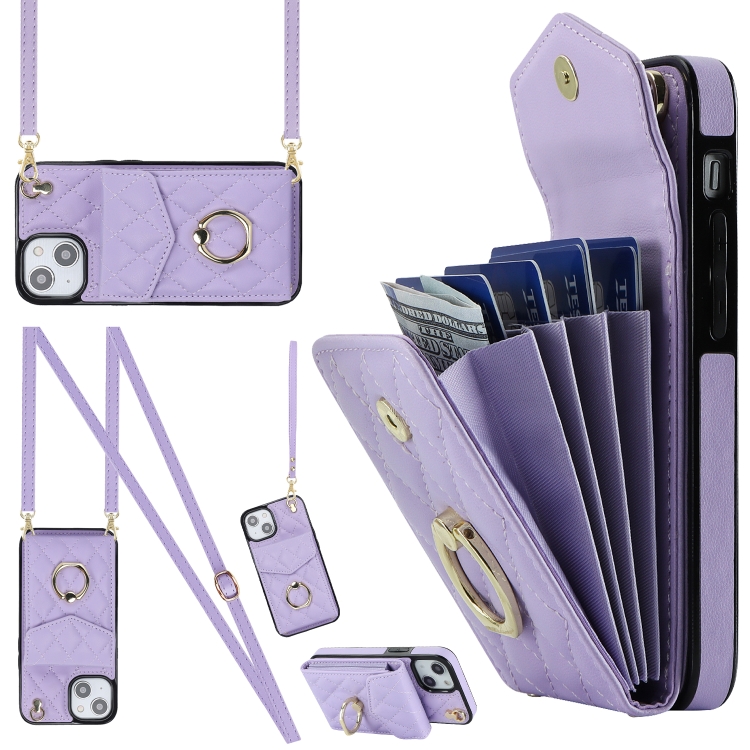 

For iPhone 14 Plus Rhombic Texture Card Bag Phone Case with Long Lanyard(Light Purple)