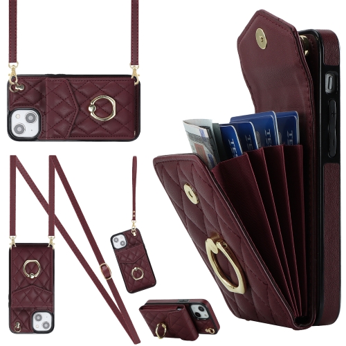 

For iPhone 14 Rhombic Texture Card Bag Phone Case with Long Lanyard(Wine Red)