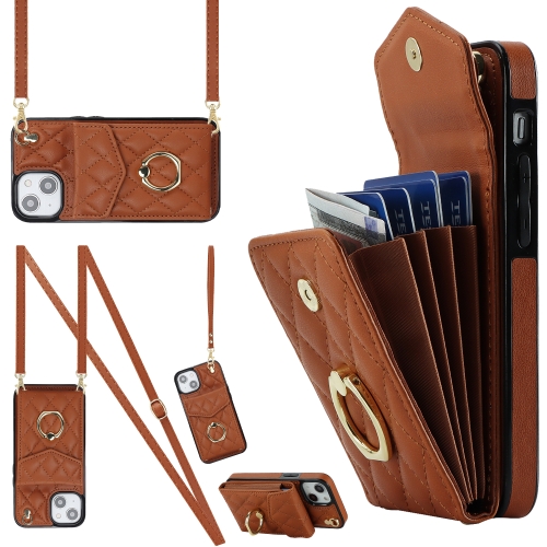 

For iPhone 14 Rhombic Texture Card Bag Phone Case with Long Lanyard(Brown)