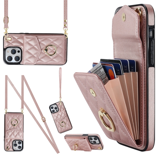 

For iPhone 14 Pro Rhombic Texture Card Bag Phone Case with Long Lanyard(Rose Gold)