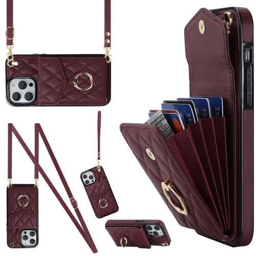 

For iPhone 14 Pro Rhombic Texture Card Bag Phone Case with Long Lanyard(Wine Red)