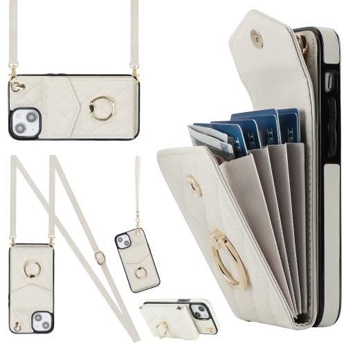 

For iPhone 13 Rhombic Texture Card Bag Phone Case with Long Lanyard(White)