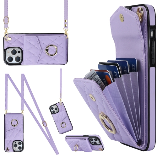 

For iPhone 12 / 12 Pro Rhombic Texture Card Bag Phone Case with Long Lanyard(Light Purple)