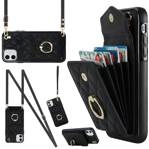 

For iPhone 11 Rhombic Texture Card Bag Phone Case with Long Lanyard(Black)