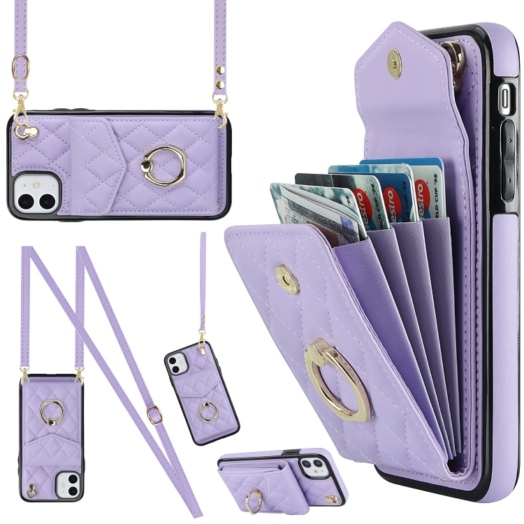 

For iPhone 11 Rhombic Texture Card Bag Phone Case with Long Lanyard(Light Purple)