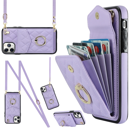 

For iPhone 11 Pro Rhombic Texture Card Bag Phone Case with Long Lanyard(Light Purple)