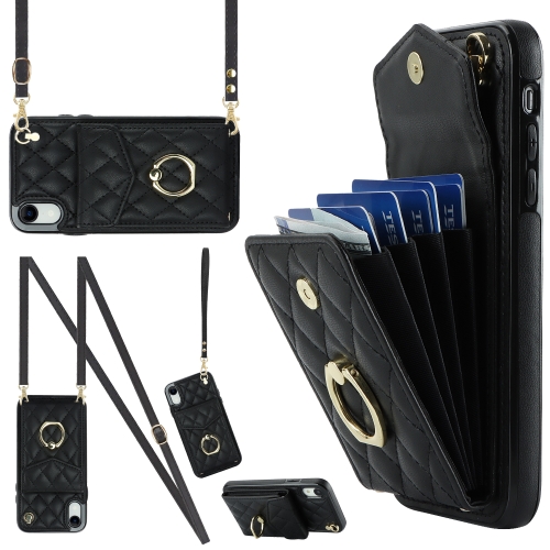 

For iPhone XR Rhombic Texture Card Bag Phone Case with Long Lanyard(Black)