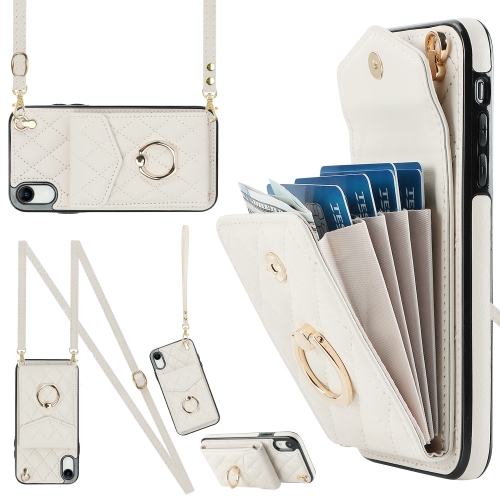 

For iPhone XR Rhombic Texture Card Bag Phone Case with Long Lanyard(White)