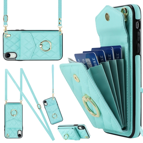 

For iPhone XR Rhombic Texture Card Bag Phone Case with Long Lanyard(Mint Green)