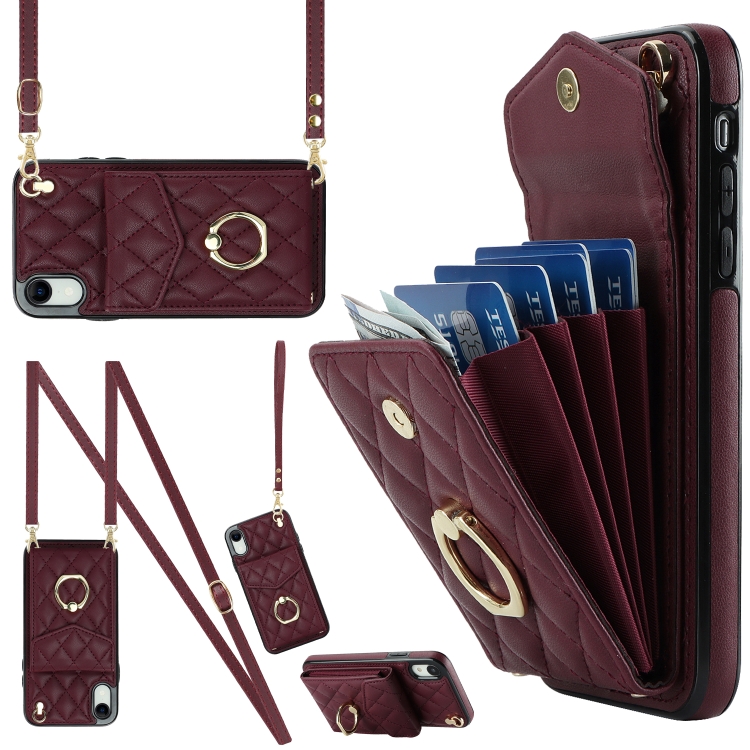 

For iPhone XR Rhombic Texture Card Bag Phone Case with Long Lanyard(Wine Red)