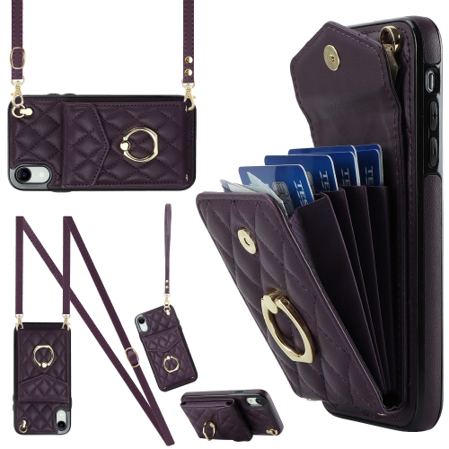 

For iPhone XR Rhombic Texture Card Bag Phone Case with Long Lanyard(Dark Purple)