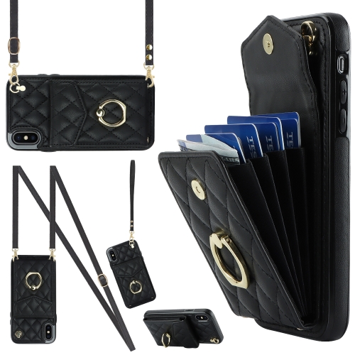

For iPhone XS Max Rhombic Texture Card Bag Phone Case with Long Lanyard(Black)