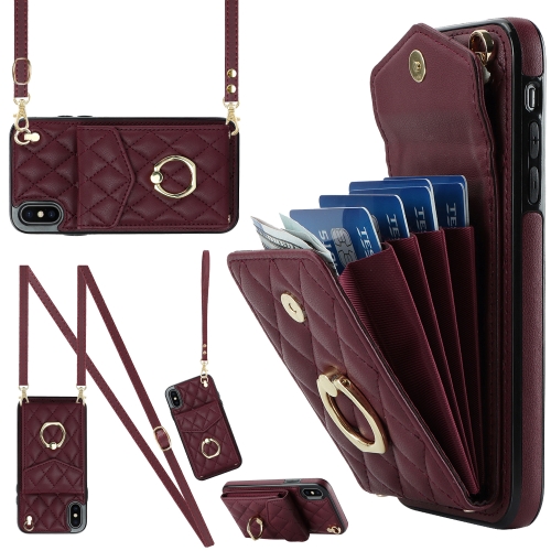 

For iPhone XS Max Rhombic Texture Card Bag Phone Case with Long Lanyard(Wine Red)