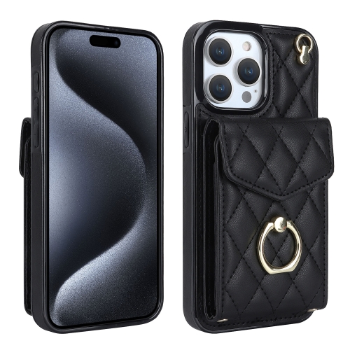

For iPhone 15 Pro Max Rhombic Texture Card Bag Phone Case with Long Lanyard(Black)
