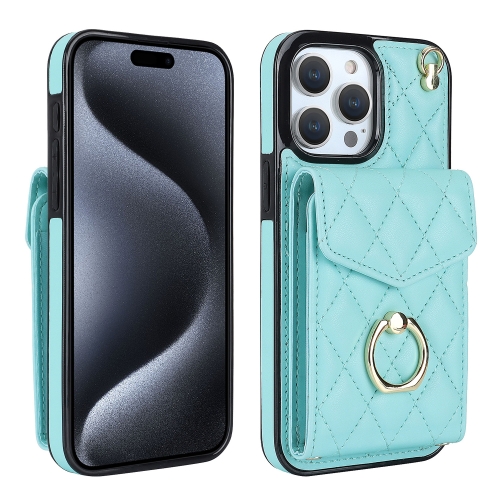 

For iPhone 15 Pro Max Rhombic Texture Card Bag Phone Case with Long Lanyard(Mint Green)