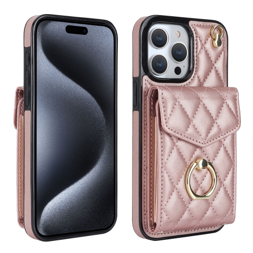 

For iPhone 15 Pro Max Rhombic Texture Card Bag Phone Case with Long Lanyard(Rose Gold)