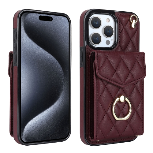 

For iPhone 15 Pro Rhombic Texture Card Bag Phone Case with Long Lanyard(Wine Red)