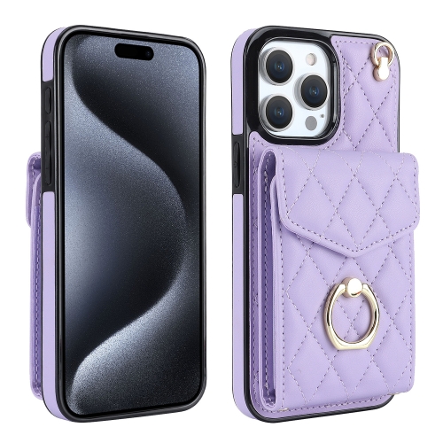 

For iPhone 15 Pro Rhombic Texture Card Bag Phone Case with Long Lanyard(Light Purple)