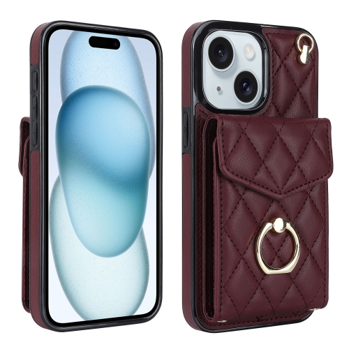 

For iPhone 15 Plus Rhombic Texture Card Bag Phone Case with Long Lanyard(Wine Red)