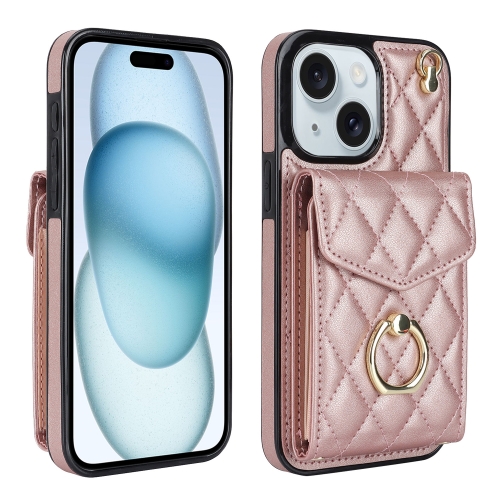 

For iPhone 15 Rhombic Texture Card Bag Phone Case with Long Lanyard(Rose Gold)