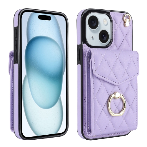

For iPhone 15 Rhombic Texture Card Bag Phone Case with Long Lanyard(Light Purple)
