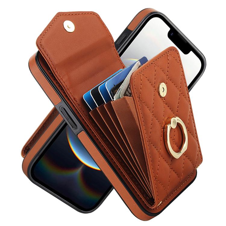 

For iPhone 16e Rhombic Texture Card Bag Phone Case with Long Lanyard(Brown)