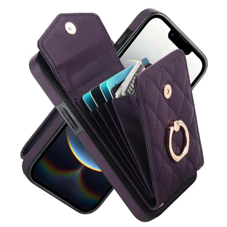 

For iPhone 16e Rhombic Texture Card Bag Phone Case with Long Lanyard(Dark Purple)